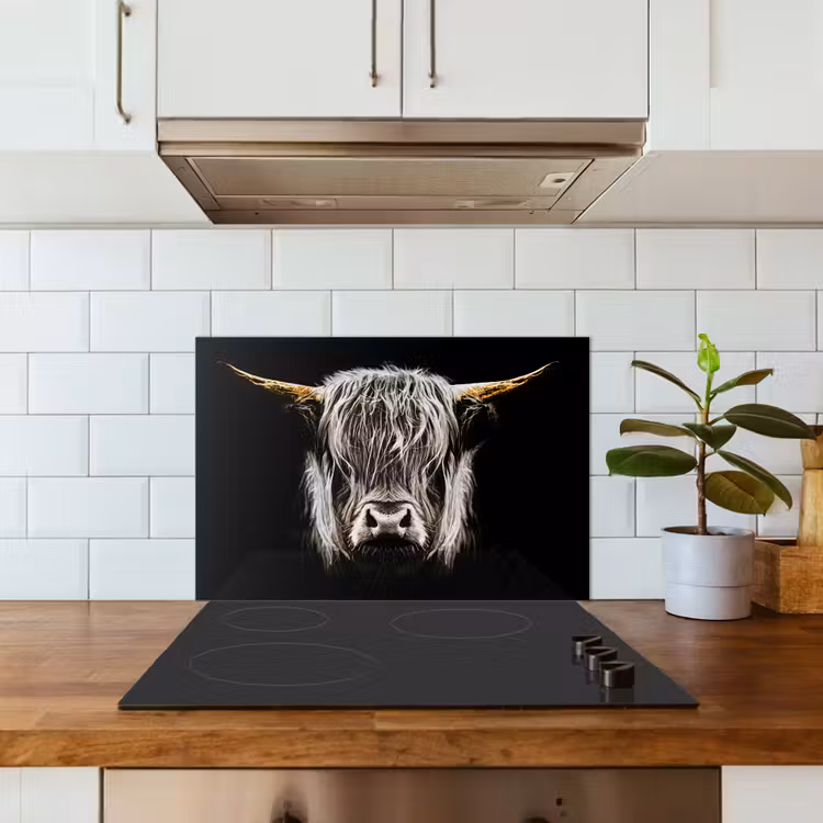 Kitchen splashback for hob - Scottish Highlander - Gold - Horns - Black and white - Cow - Animals — 3