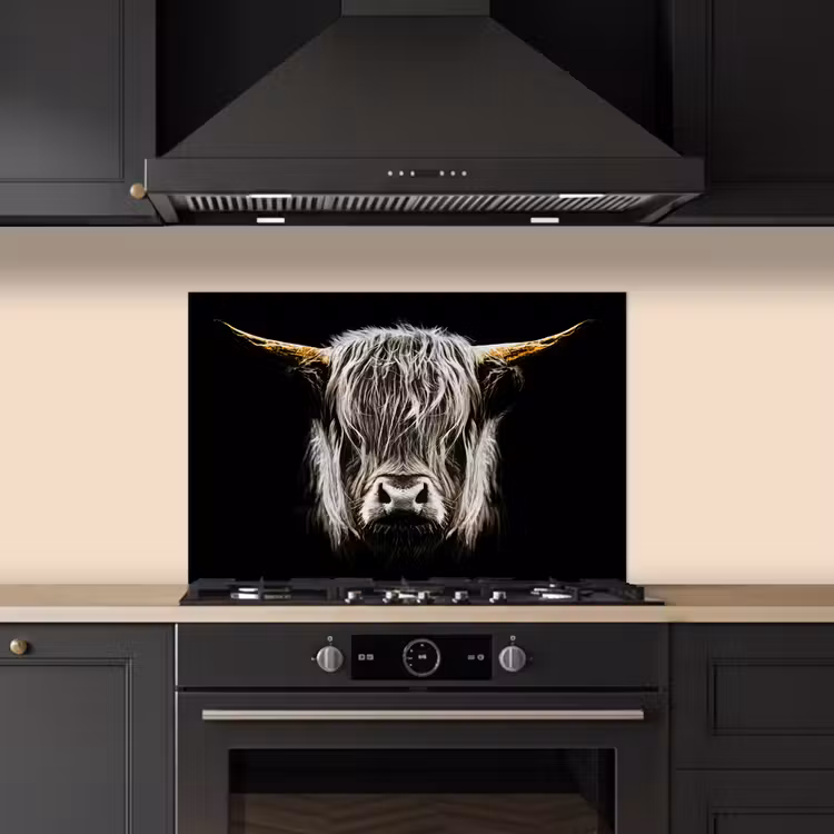 Kitchen splashback for hob - Scottish Highlander - Gold - Horns - Black and white - Cow - Animals — 5
