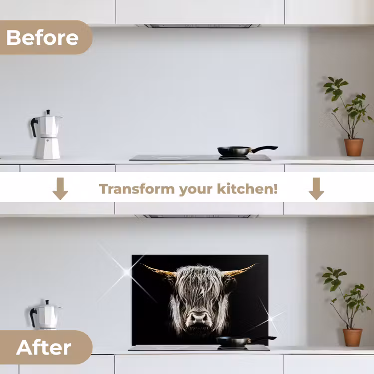 Kitchen splashback for hob - Scottish Highlander - Gold - Horns - Black and white - Cow - Animals — 7