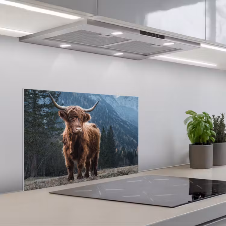 Kitchen splashback for hob - Scottish highlander - Mountain - Landscape - Trees - Cow - Nature — 1