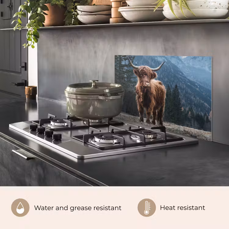 Kitchen splashback for hob - Scottish highlander - Mountain - Landscape - Trees - Cow - Nature — 2