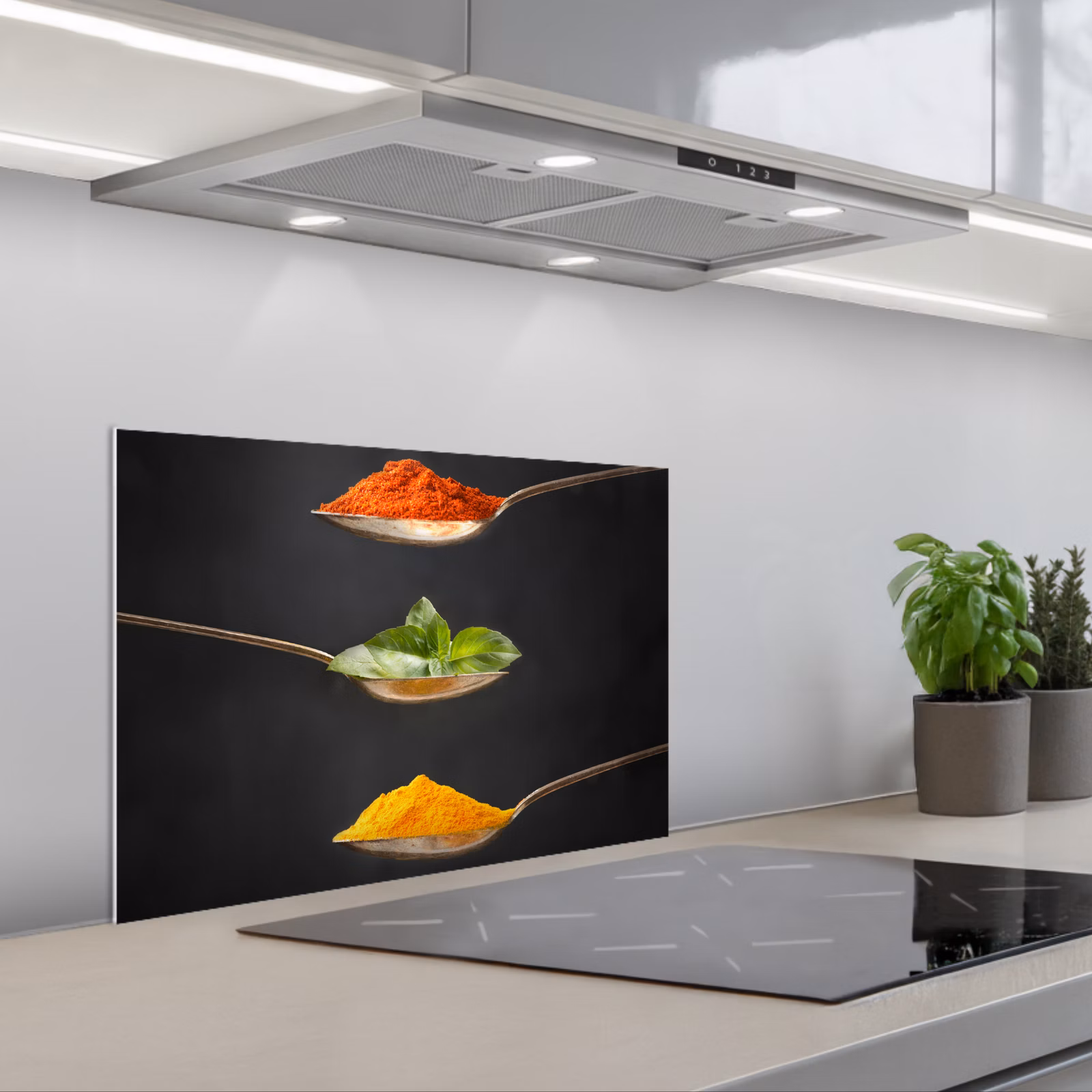 Kitchen splashback for hob - Herbs - Spoon - Spices - Black - Italian — 1