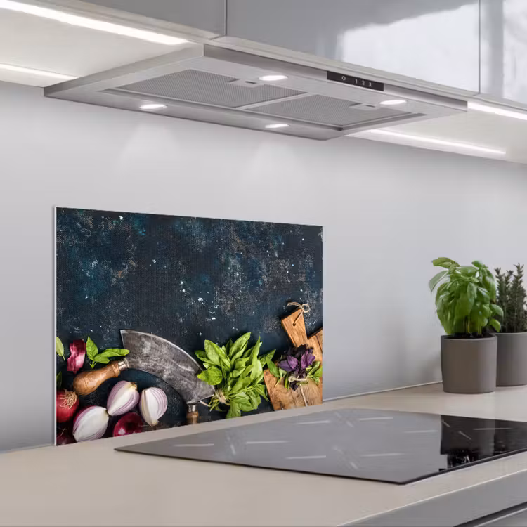 Kitchen splashback for hob - Vegetables - Herbs - Cradle knife - Onion - Spices - Rustic — 1