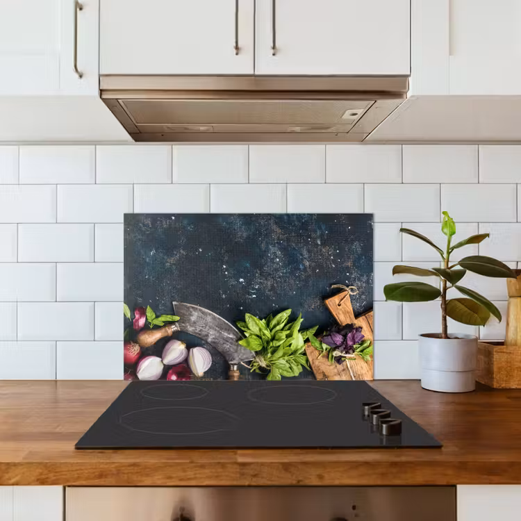 Kitchen splashback for hob - Vegetables - Herbs - Cradle knife - Onion - Spices - Rustic — 3