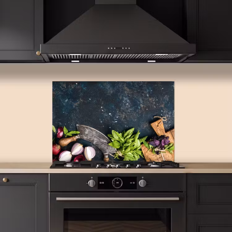Kitchen splashback for hob - Vegetables - Herbs - Cradle knife - Onion - Spices - Rustic — 5