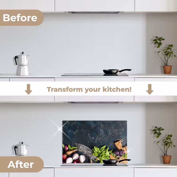 Kitchen splashback for hob - Vegetables - Herbs - Cradle knife - Onion - Spices - Rustic — 7