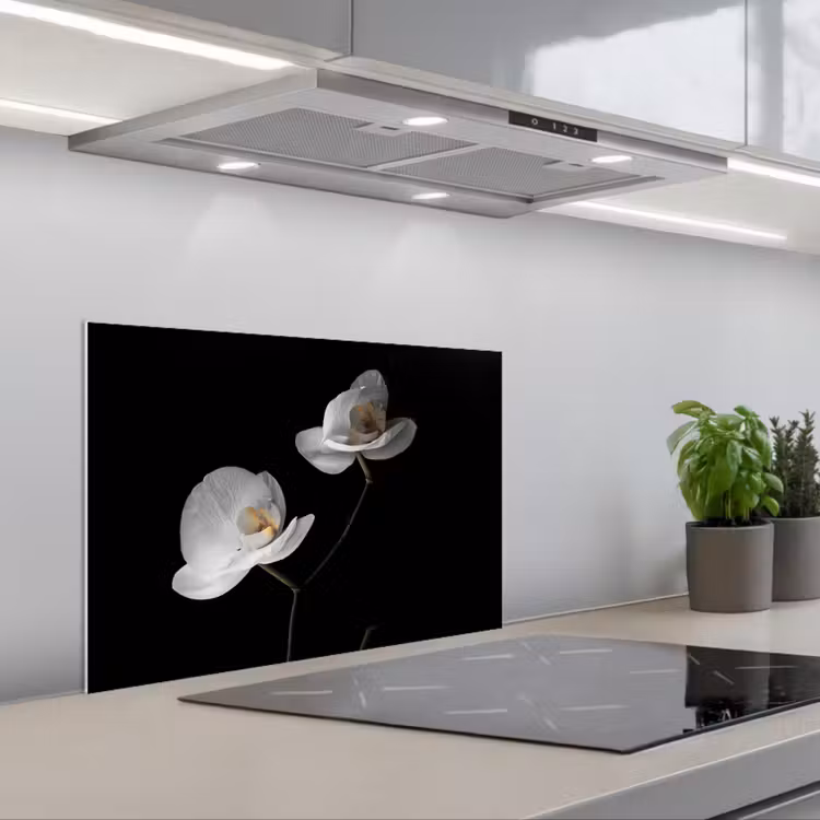Kitchen splashback for hob - Orchid - Flowers - Black - White - Still Life — 1