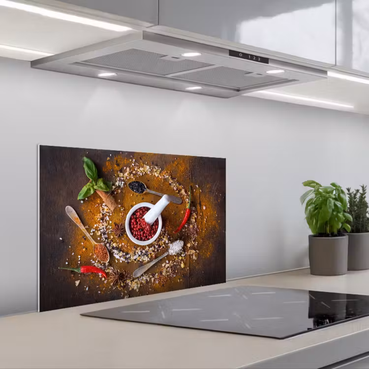 Kitchen splashback for hob - Mortar - Herbs - Spoons - Spices - Brown - Pepper — 1