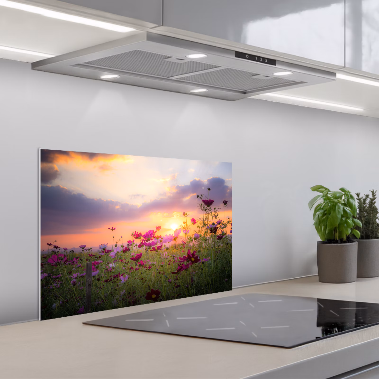 Kitchen splashback for hob - Sunset - Flowers - Pink - Nature - Green — 1