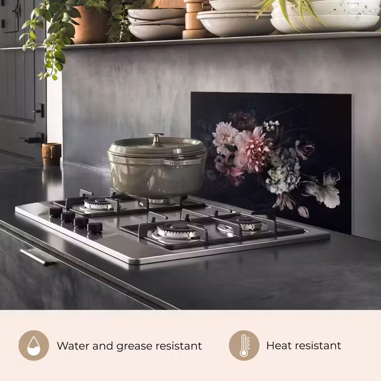 Kitchen splashback for hob - Flowers - Vintage - Pastel - Black - Bouquet — 2