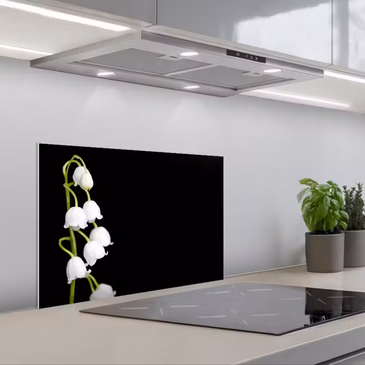 Kitchen splashback for hob - Lily of the valley - Flowers - Black - Flora — 1