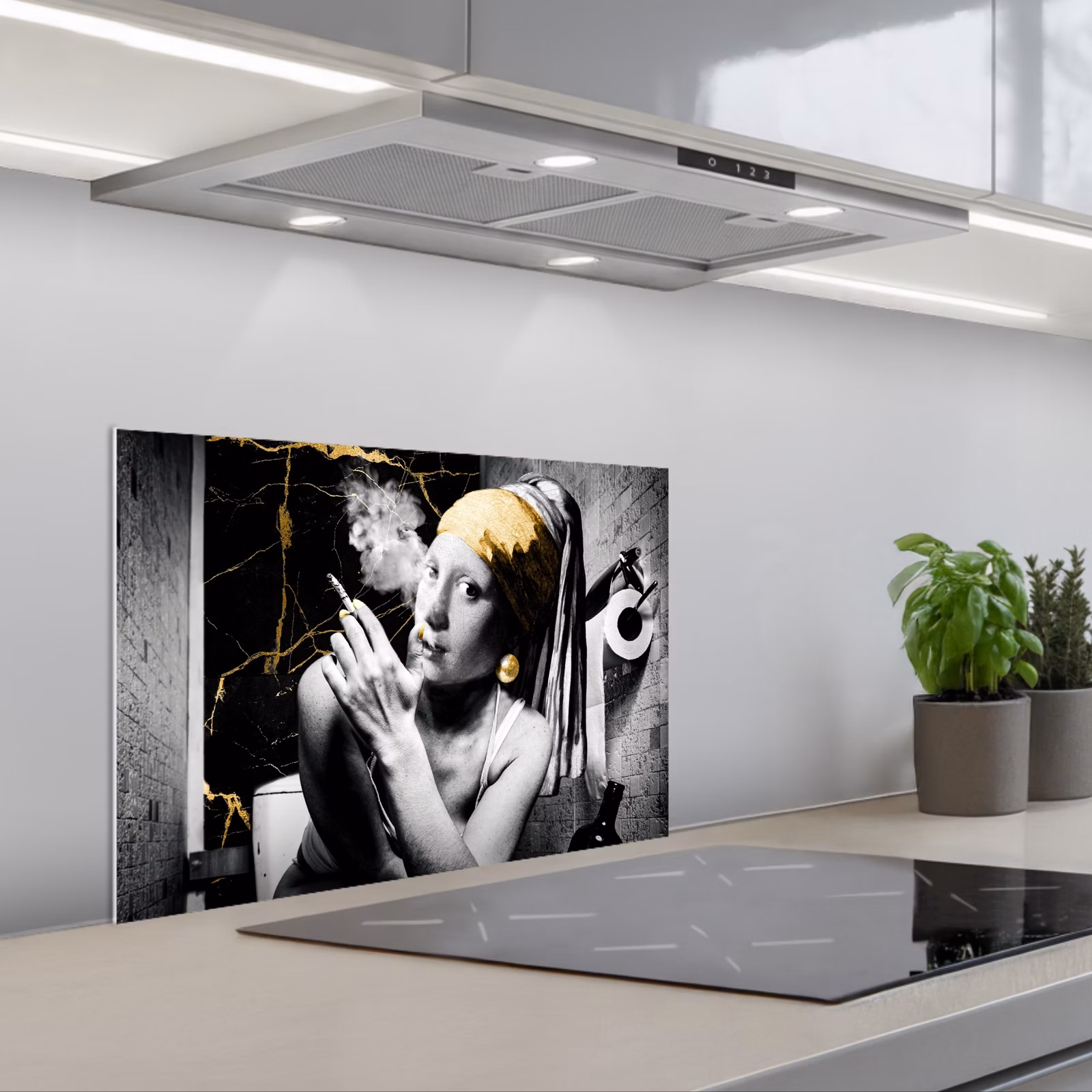 Kitchen splashback for hob - Marble look - Girl with a Pearl Earring - Cigarettes - Toilet - Gold - Art - Old Masters — 1