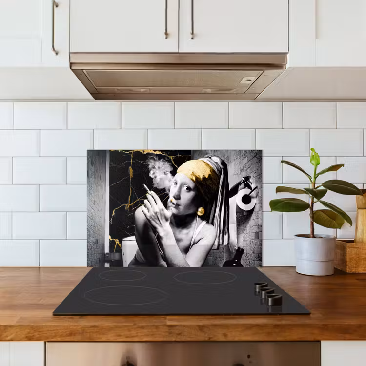 Kitchen splashback for hob - Marble look - Girl with a Pearl Earring - Cigarettes - Toilet - Gold - Art - Old Masters — 3