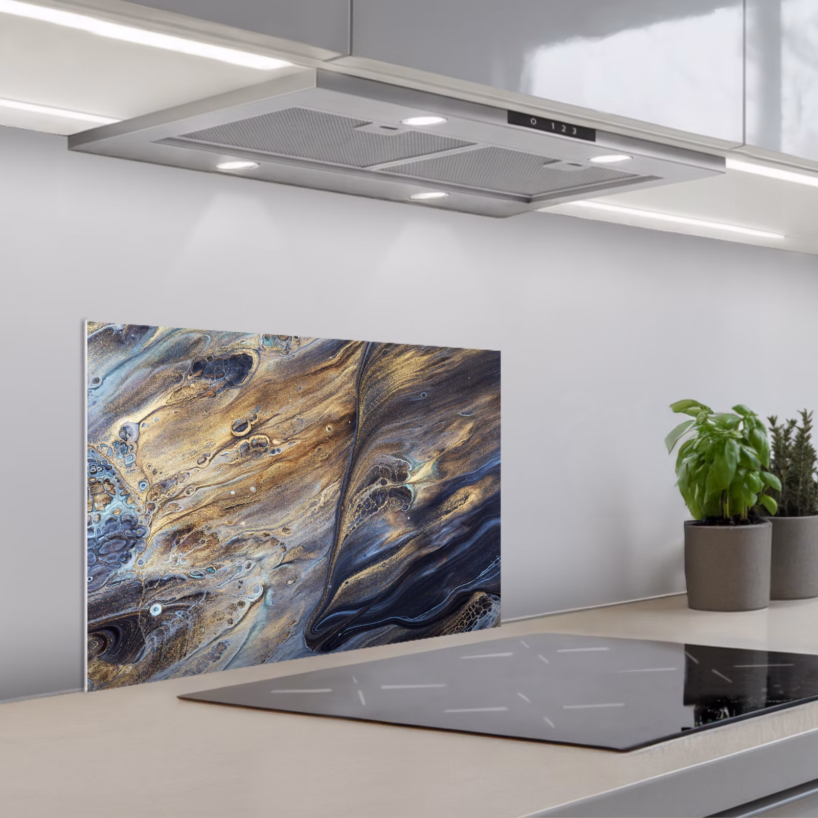 Kitchen splashback for hob - Marble - Gold - Watercolor - Texture - Marble look — 1