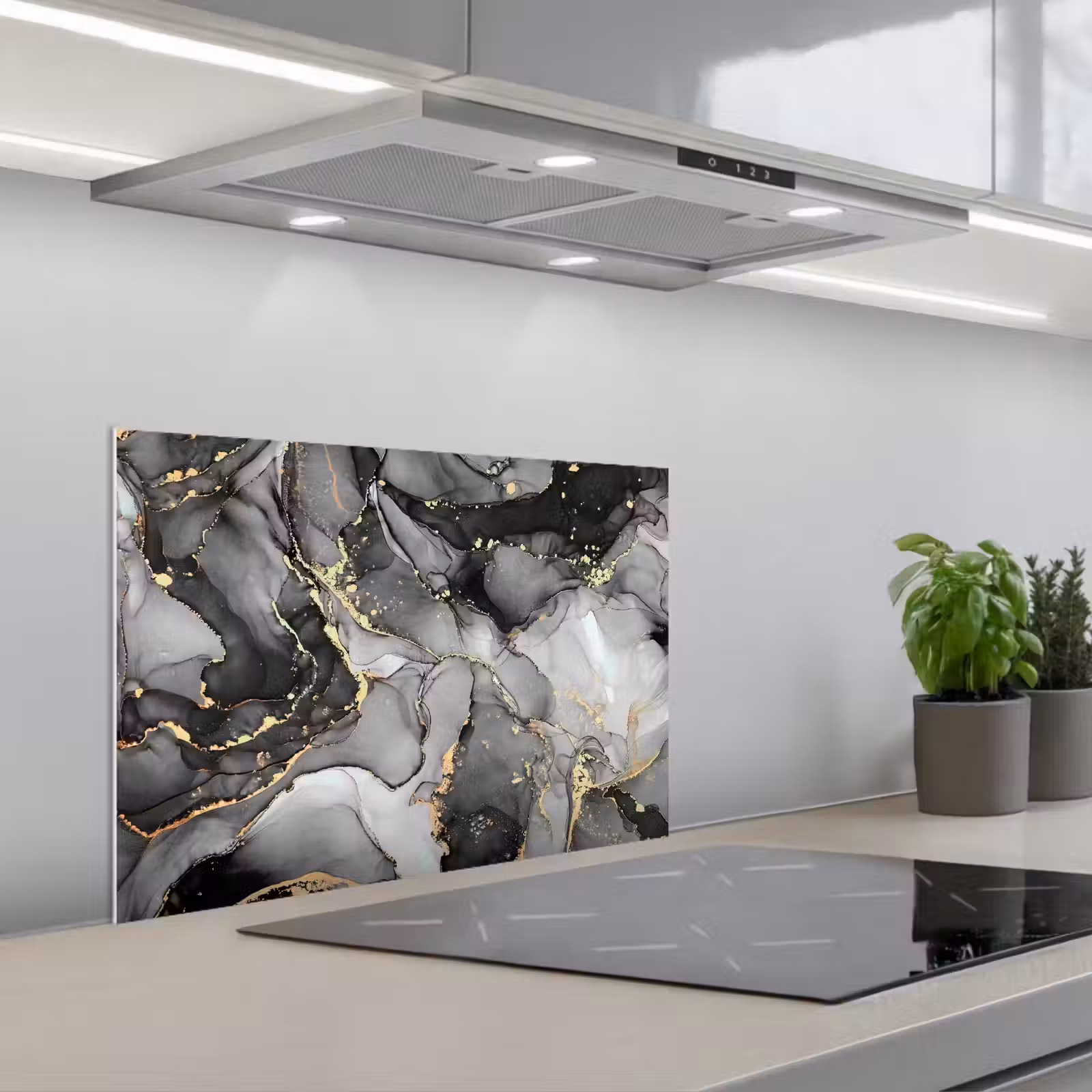 Kitchen splashback for hob - Marble - Black - Gold - Gray — 1