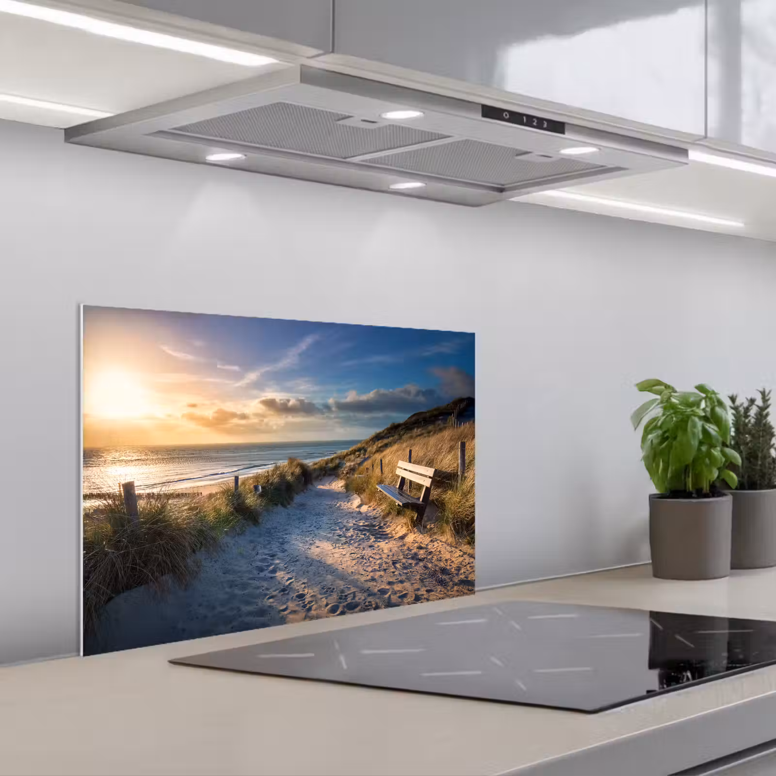 Kitchen splashback for hob - Sunset - Beach - Dune - Grass - Bench — 1