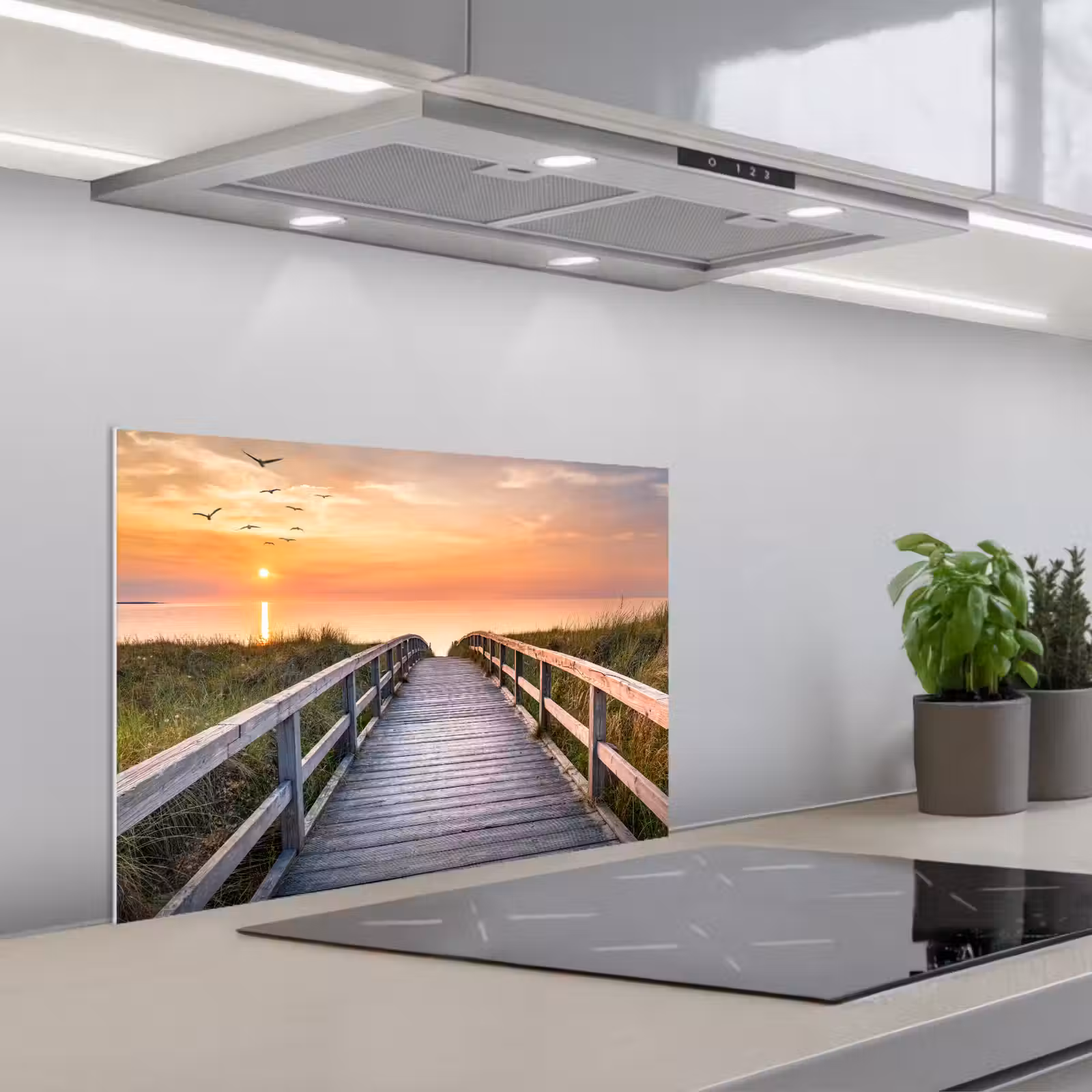 Kitchen splashback for hob - Sunset - Sea - Path - Grass - Dune - Birds — 1