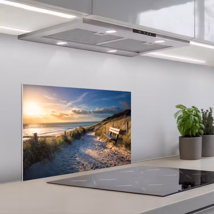 Kitchen splashback for hob - Sunset - Beach - Dune - Grass - Bench — 1