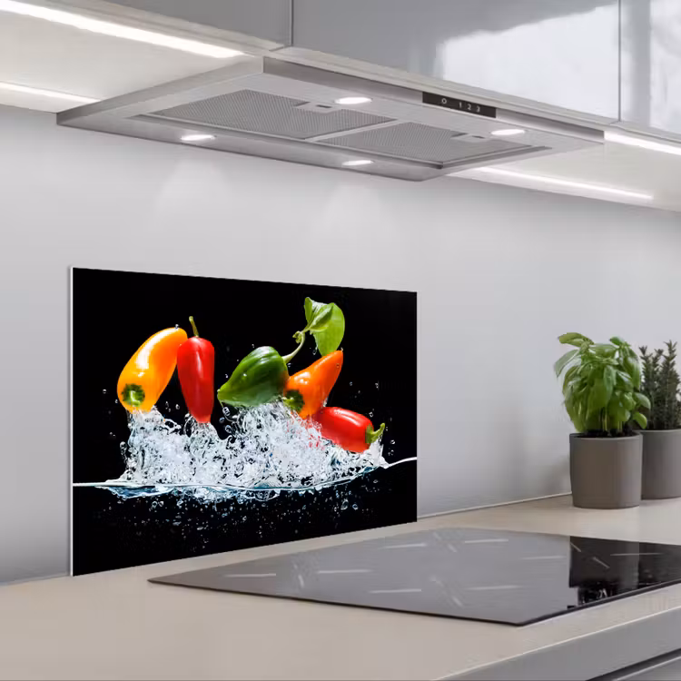 Kitchen splashback for hob - Peppers - Black - Vegetables - Water - Leaf — 1