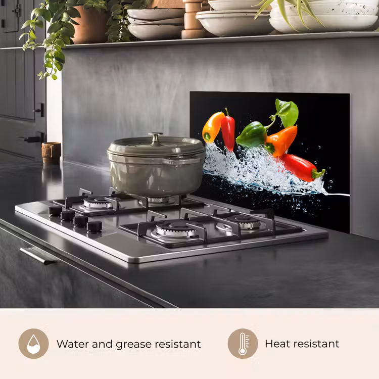 Kitchen splashback for hob - Peppers - Black - Vegetables - Water - Leaf — 2