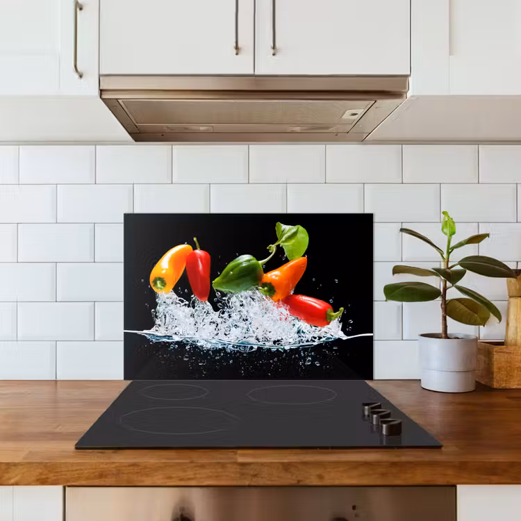 Kitchen splashback for hob - Peppers - Black - Vegetables - Water - Leaf — 3