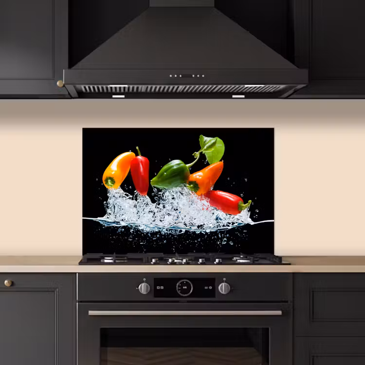 Kitchen splashback for hob - Peppers - Black - Vegetables - Water - Leaf — 5