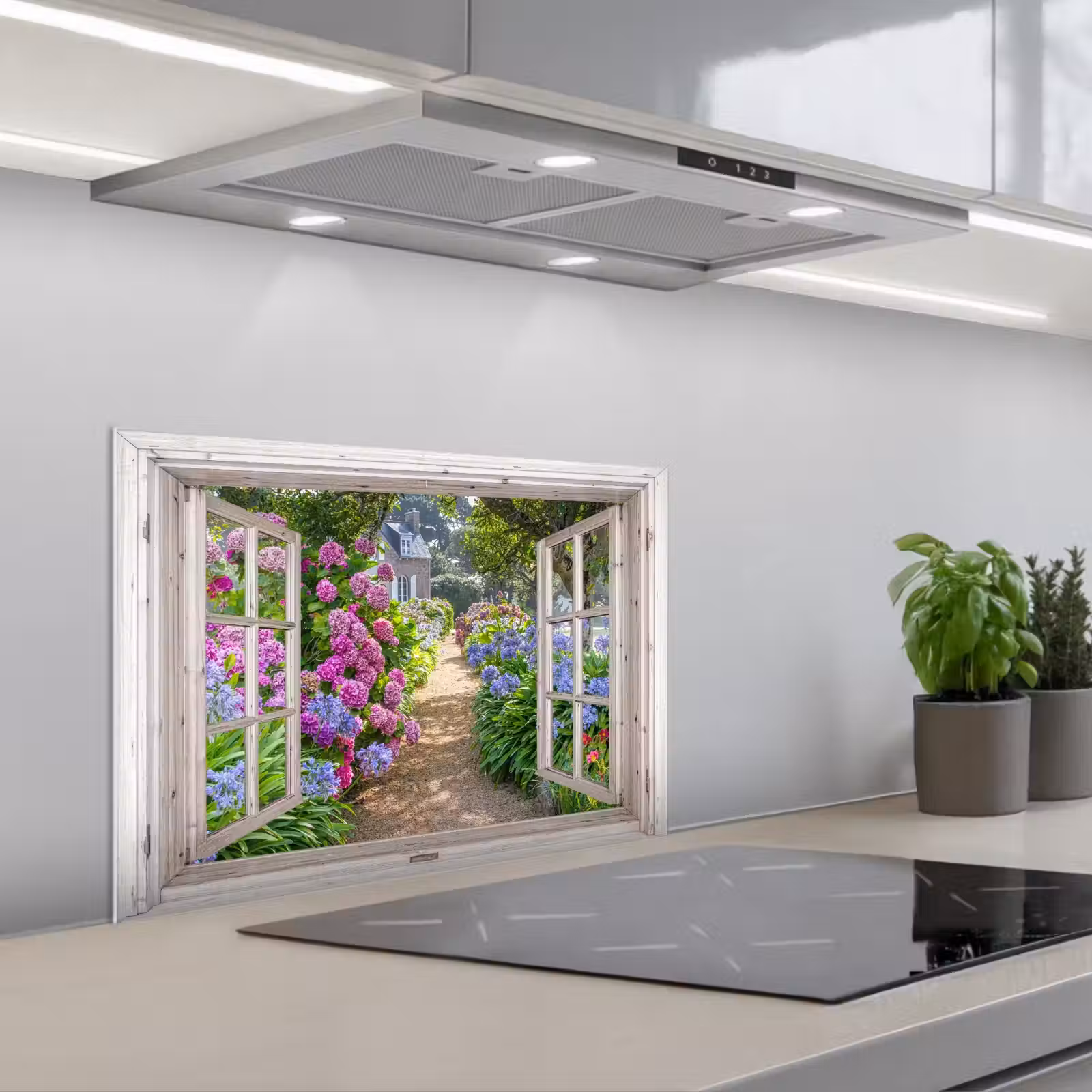 Kitchen splashback for hob - Hydrangea - See-through - Flowers - Summer - Purple - Path — 1