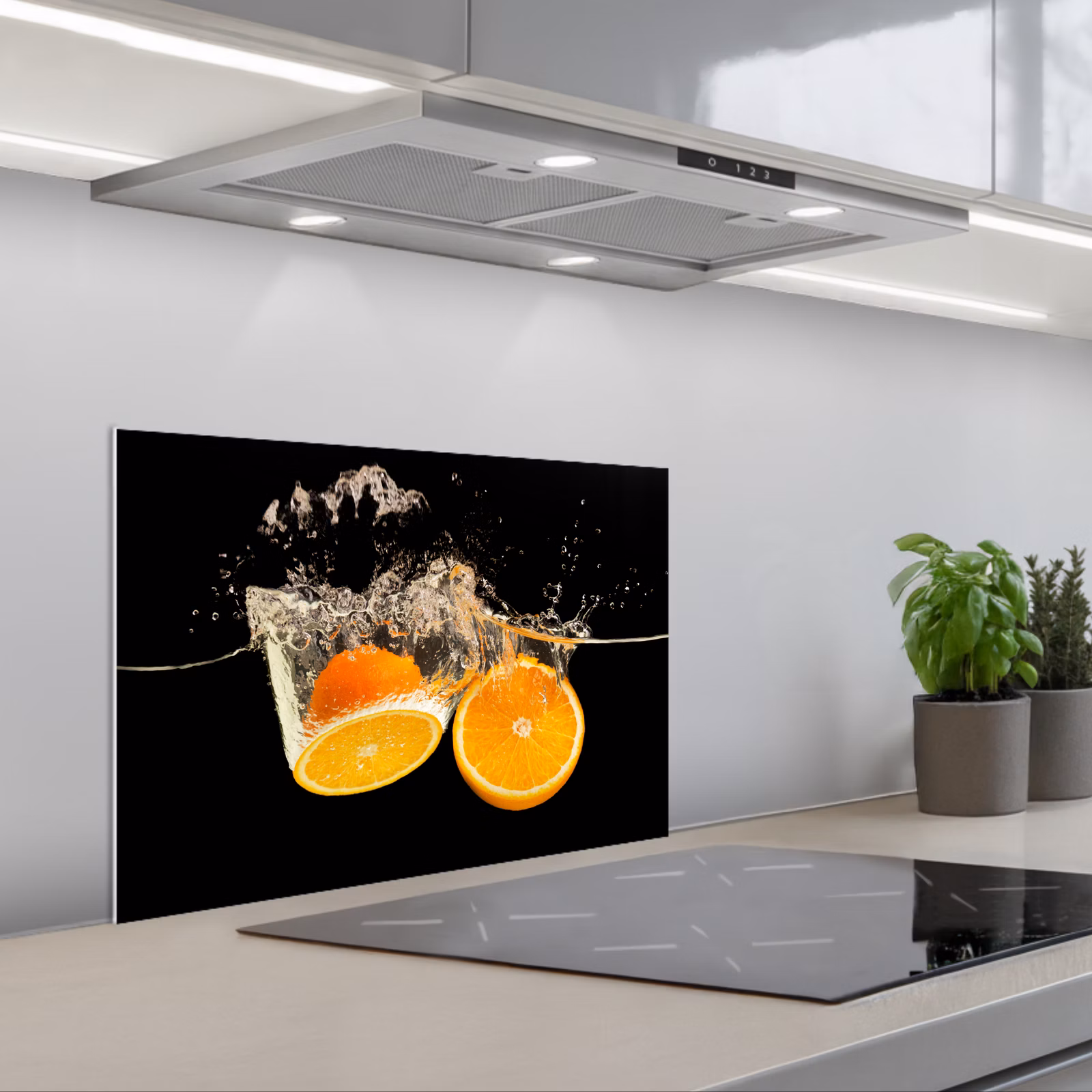 Kitchen splashback for hob - Orange - Still life - Water - Black - Fruit — 1