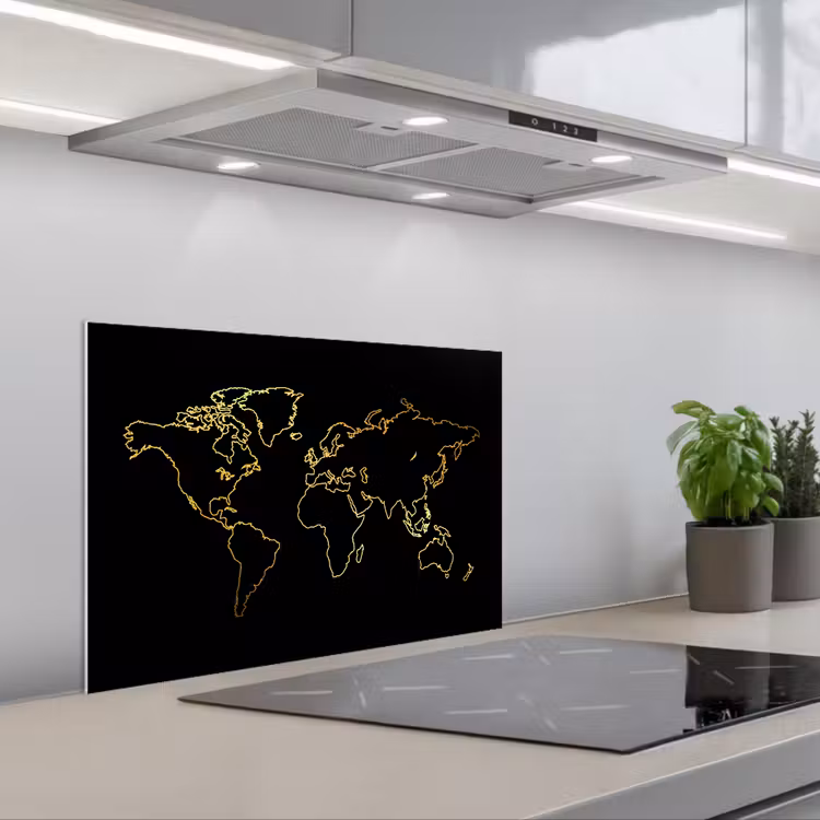 Kitchen splashback for hob - Golden world map on a black background — 1