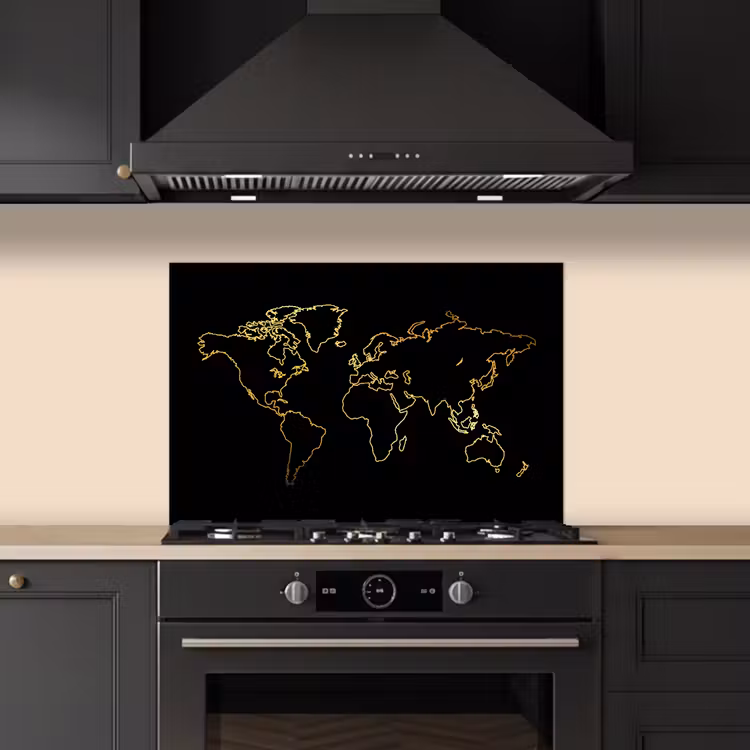 Kitchen splashback for hob - Golden world map on a black background — 5