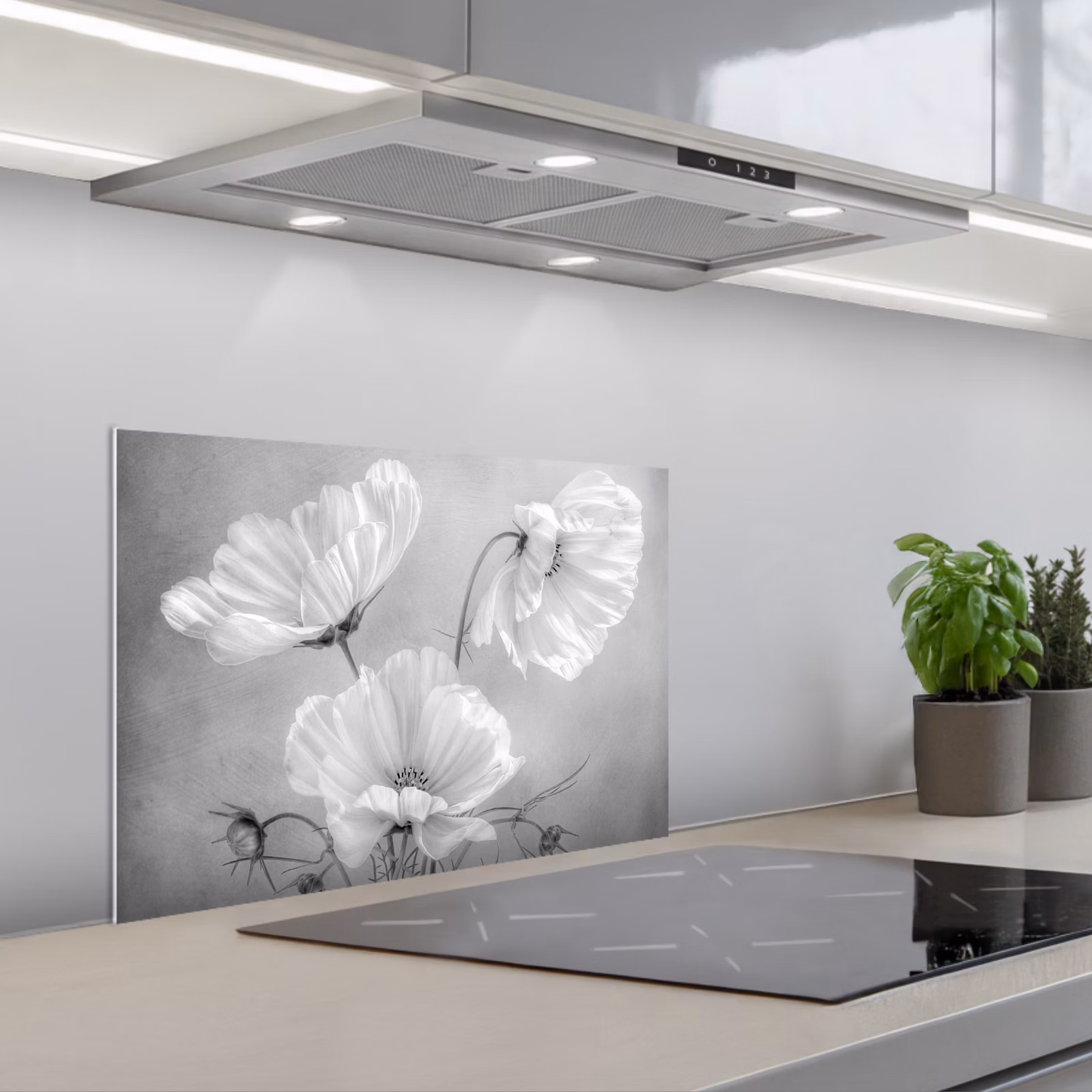 Kitchen splashback for hob - Still life - Flowers - Black and white - Poppy - Botanical — 1
