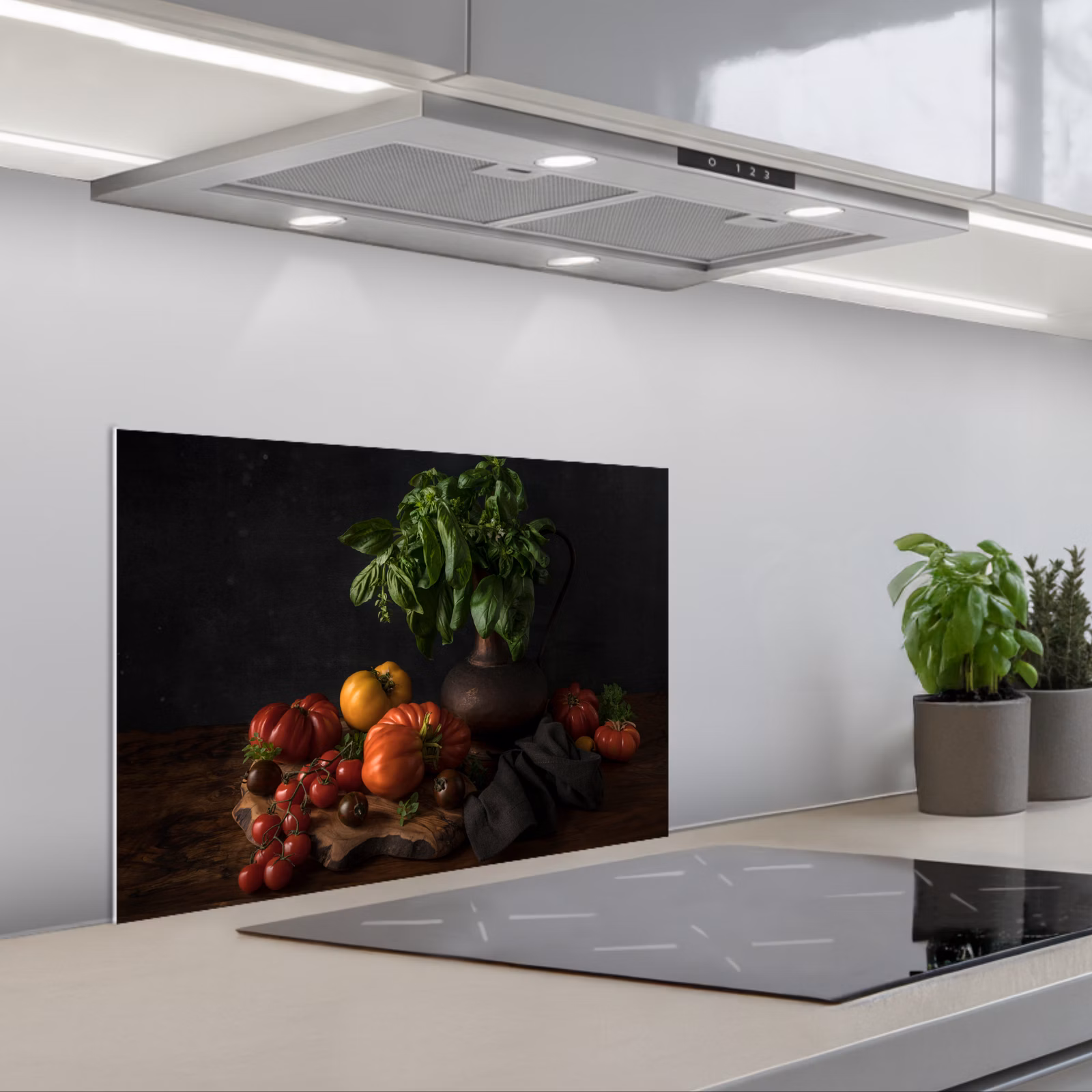 Kitchen splashback for hob - Still life - Tomatoes - Basil - Painting - Vegetable - Black — 1
