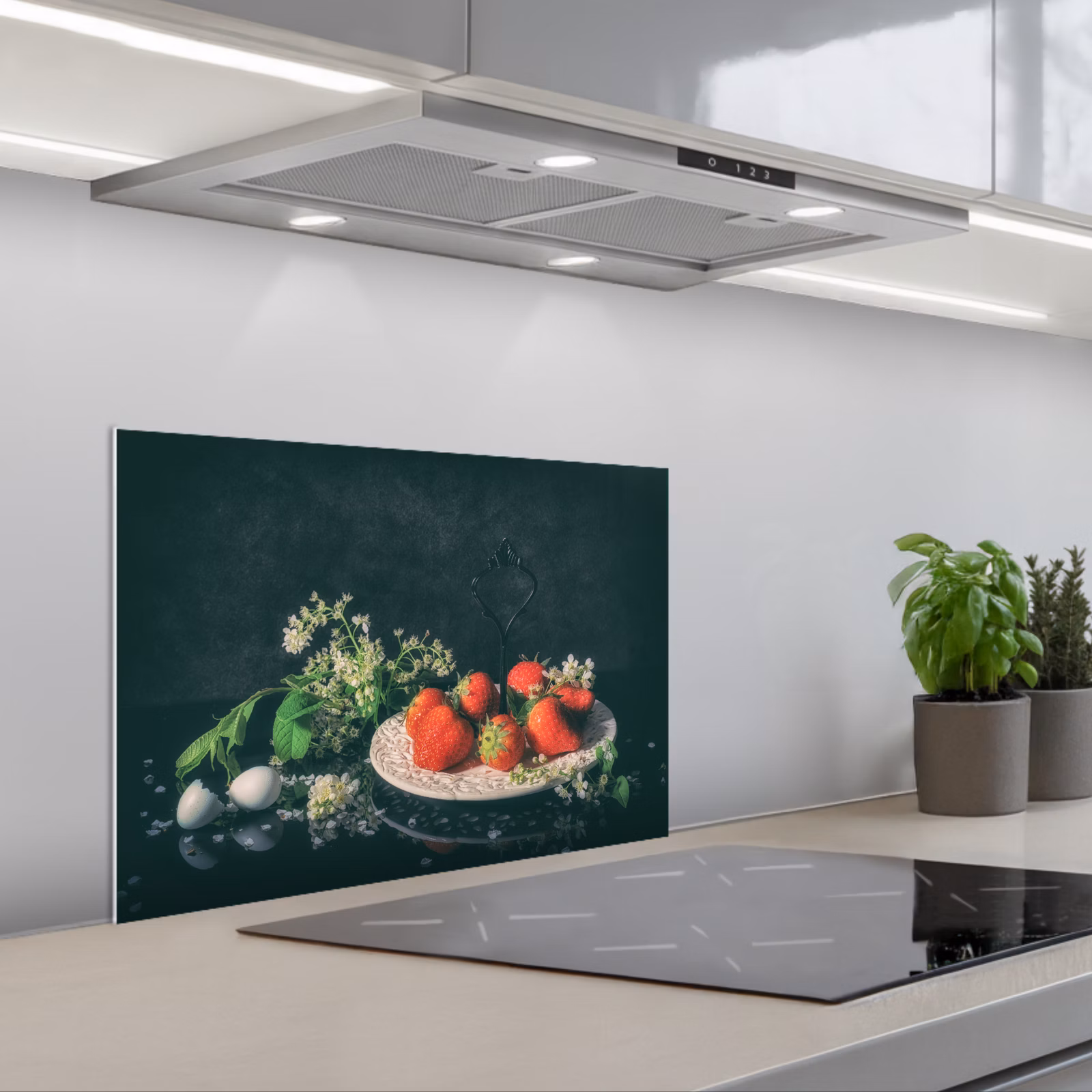 Kitchen splashback for hob - Strawberries - Painting - Still life - Flowers - Egg - Plate — 1