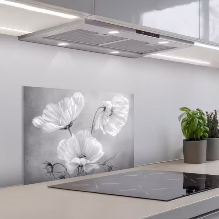 Kitchen splashback for hob - Still life - Flowers - Black and white - Poppy - Botanical — 1