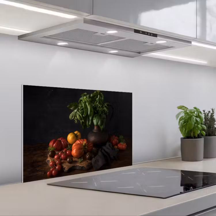Kitchen splashback for hob - Still life - Tomatoes - Basil - Painting - Vegetable - Black — 1