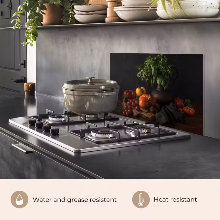 Kitchen splashback for hob - Still life - Tomatoes - Basil - Painting - Vegetable - Black — 2