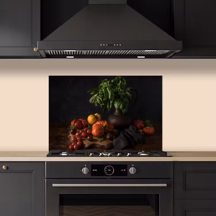 Kitchen splashback for hob - Still life - Tomatoes - Basil - Painting - Vegetable - Black — 5