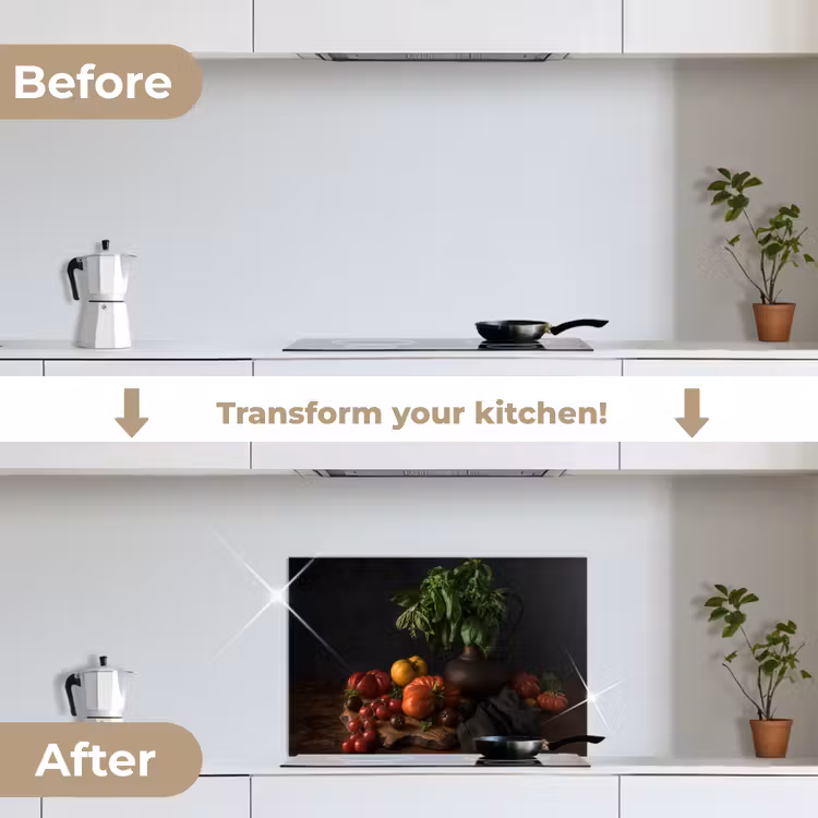 Kitchen splashback for hob - Still life - Tomatoes - Basil - Painting - Vegetable - Black — 7