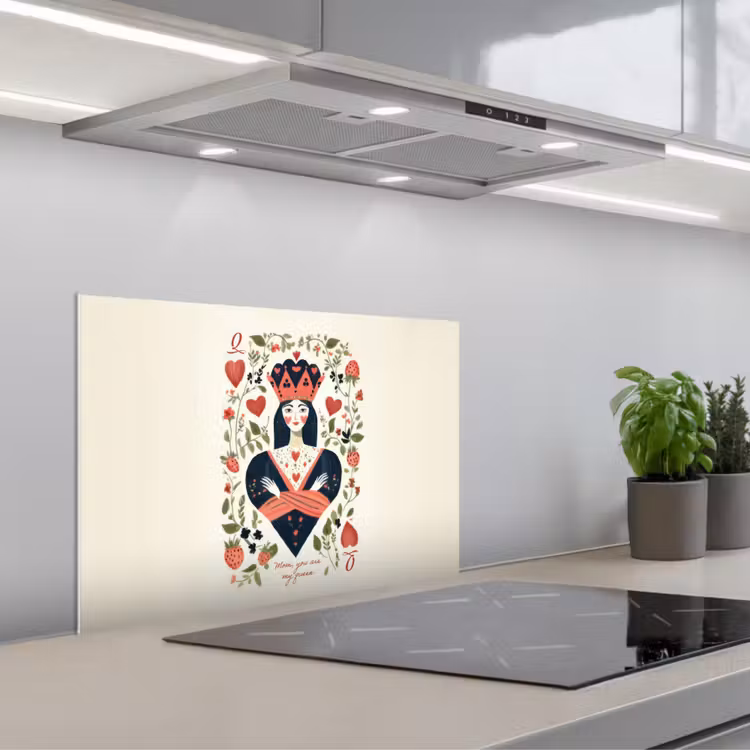 Kitchen splashback for hob - Playing card - Queen of hearts - Flowers - Hearts — 1