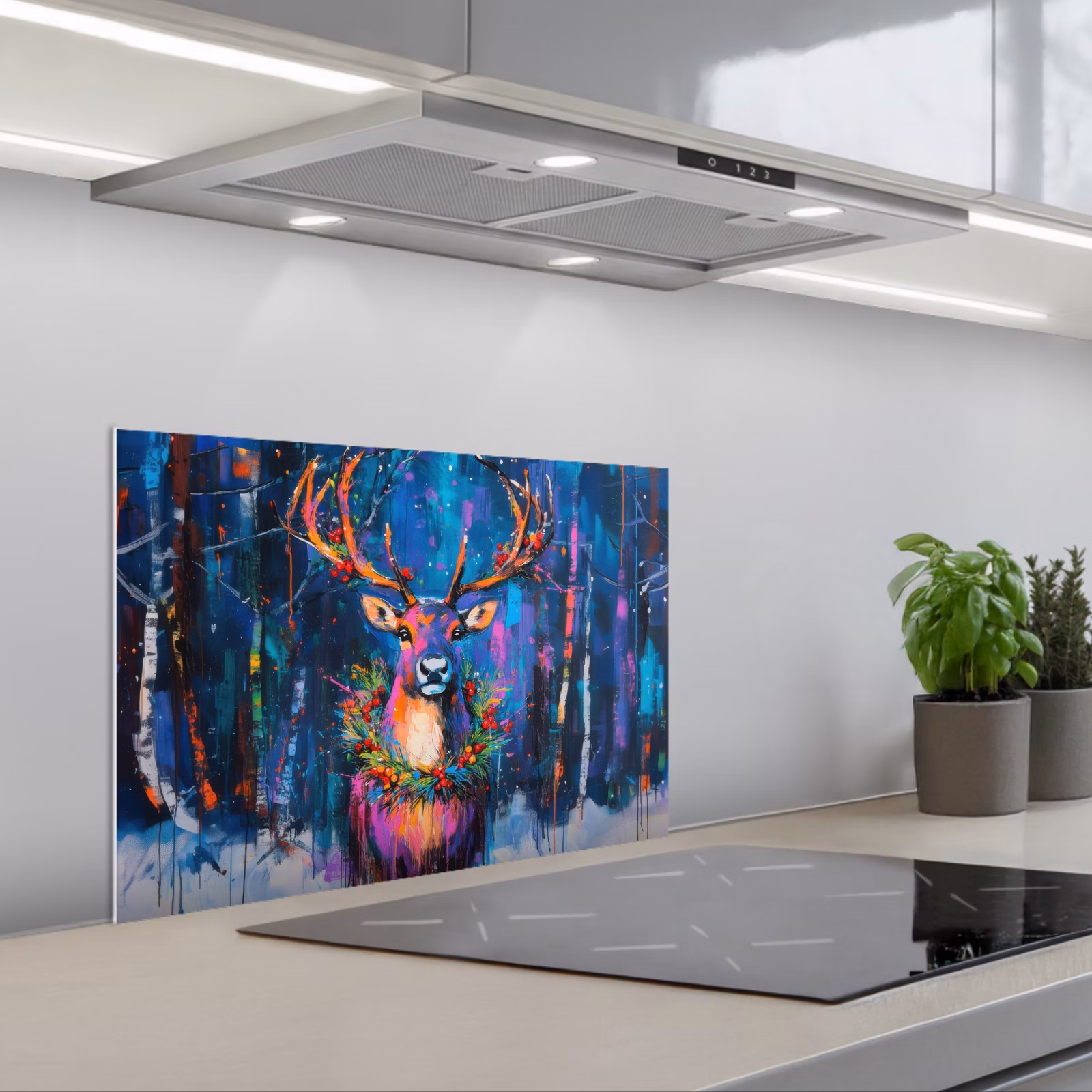 Kitchen splashback for hob - Reindeer - Wreath - Fairytale - Blue — 1