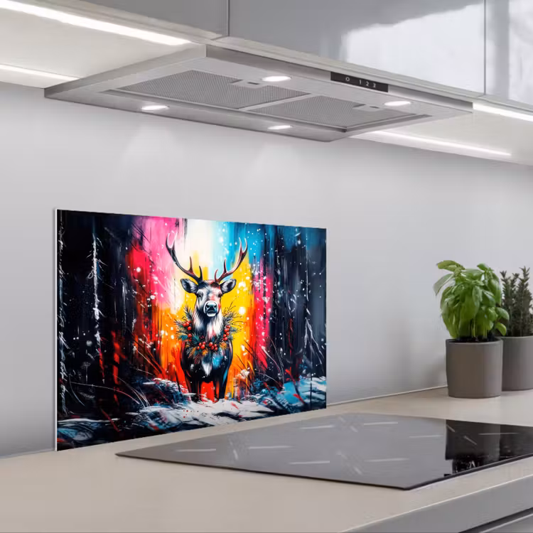Kitchen splashback for hob - Reindeer - Antlers - Wreath - Colorful — 1