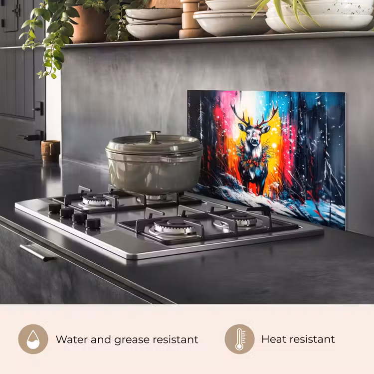 Kitchen splashback for hob - Reindeer - Antlers - Wreath - Colorful — 2