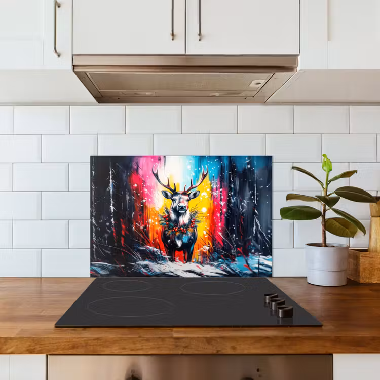 Kitchen splashback for hob - Reindeer - Antlers - Wreath - Colorful — 3