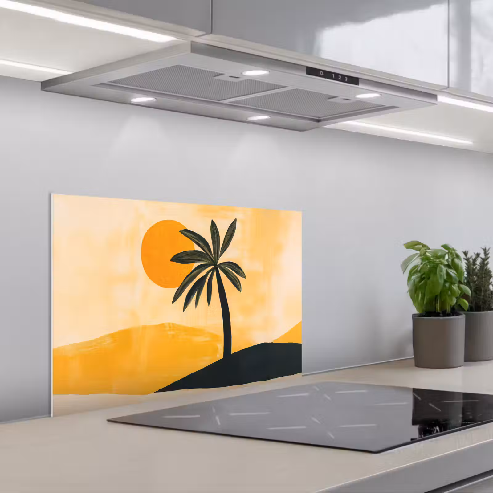 Kitchen splashback for hob - Illustration - Palm tree - Sun - Hills — 1