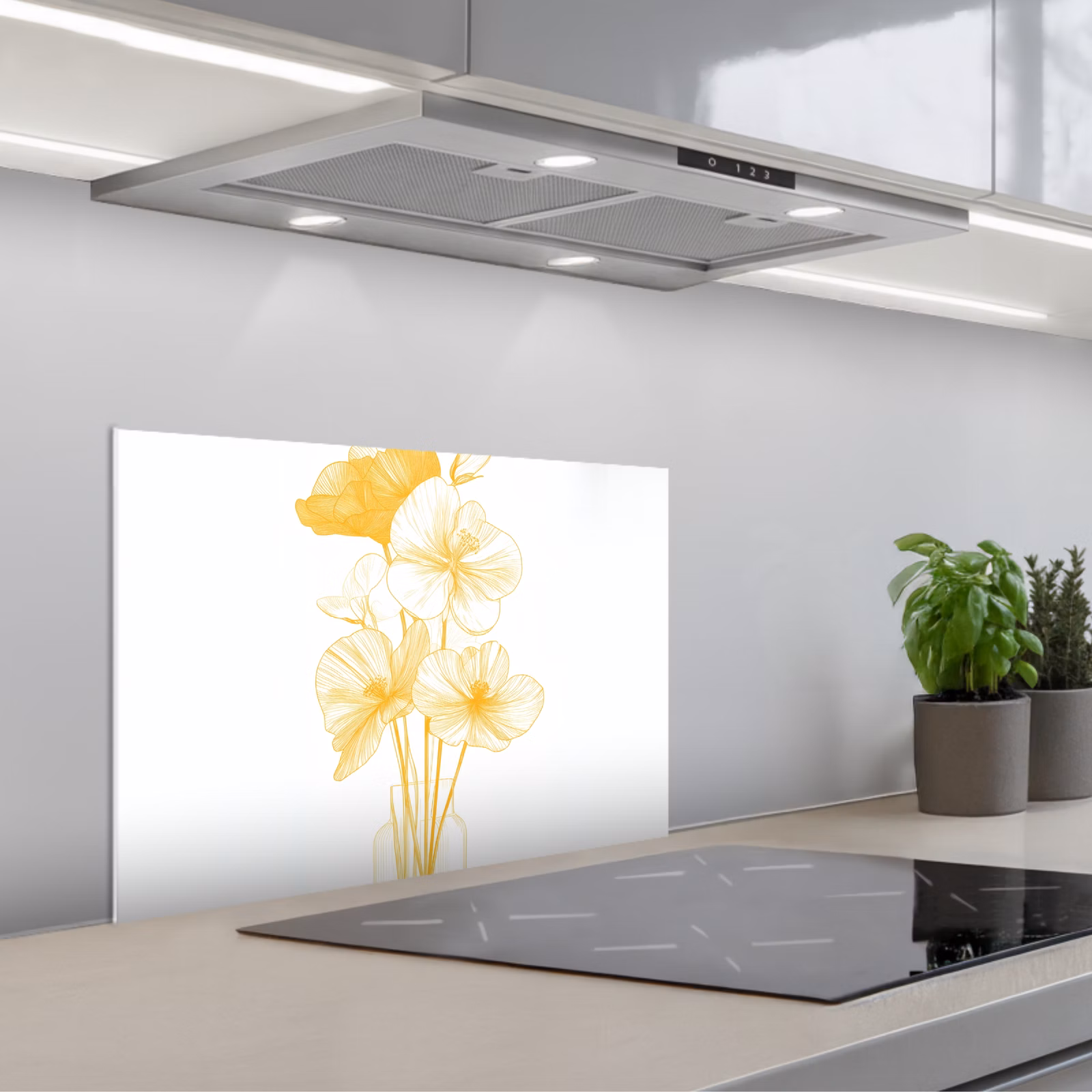 Kitchen splashback for hob - Line drawing - Flowers - Yellow - Vase — 1