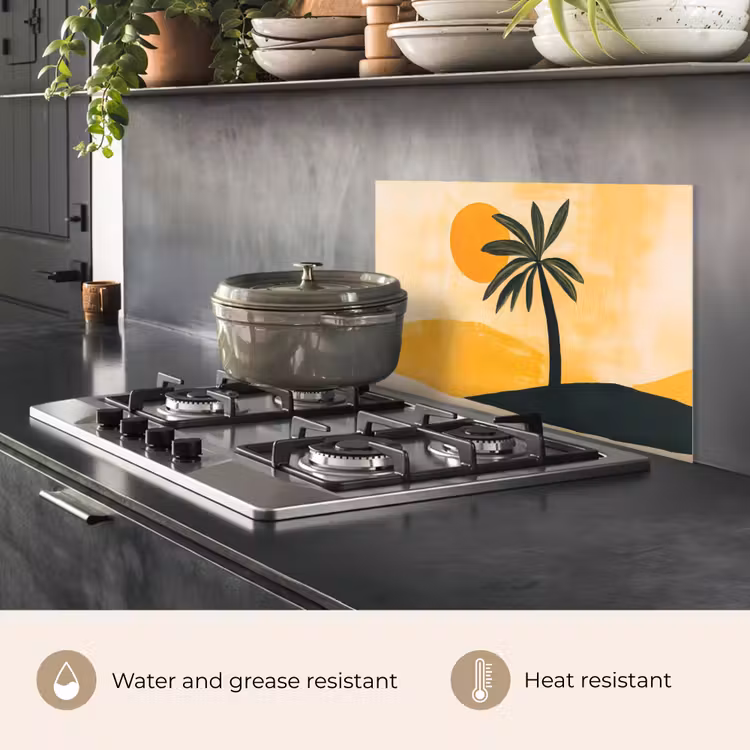 Kitchen splashback for hob - Illustration - Palm tree - Sun - Hills — 2