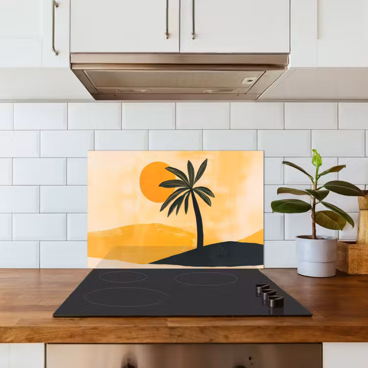Kitchen splashback for hob - Illustration - Palm tree - Sun - Hills — 3