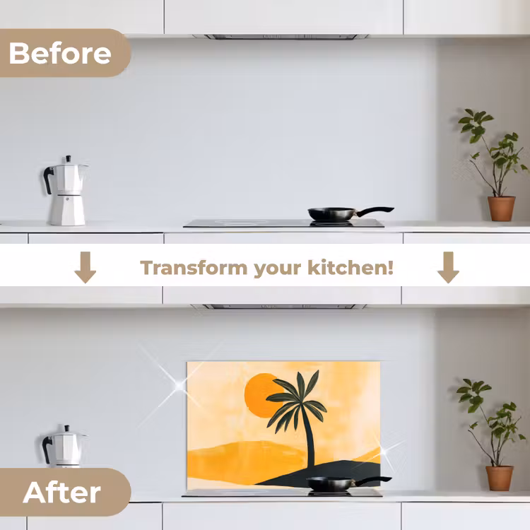 Kitchen splashback for hob - Illustration - Palm tree - Sun - Hills — 7