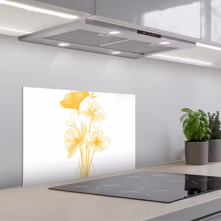 Kitchen splashback for hob - Line drawing - Flowers - Yellow - Vase — 1