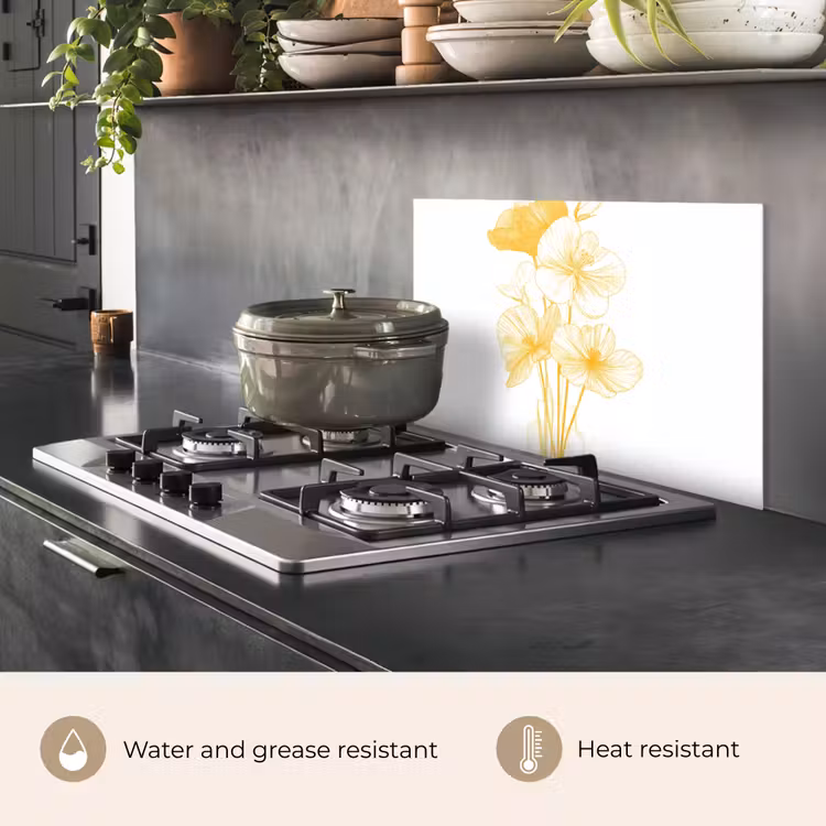 Kitchen splashback for hob - Line drawing - Flowers - Yellow - Vase — 2
